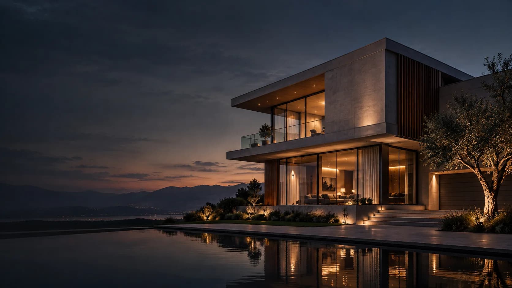 Modern house design at dusk — a glass and concrete facade with warm interior lighting